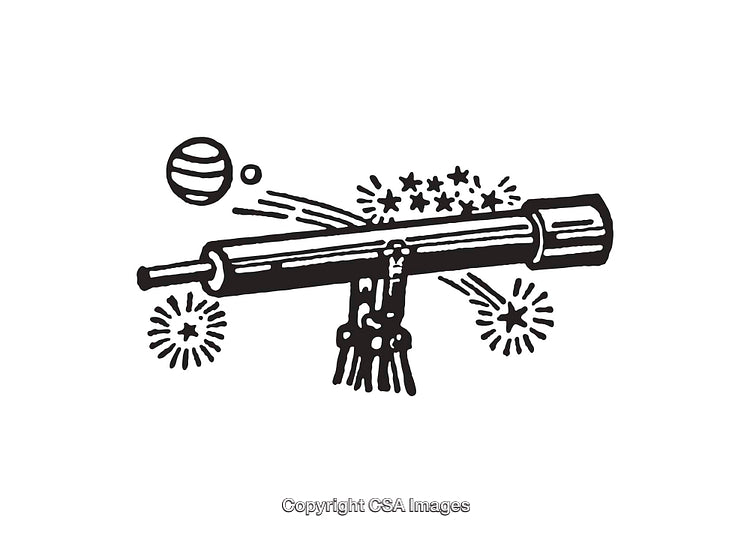 Astronomy Icon With Telescope, Planets, and Stars in Black and White Style