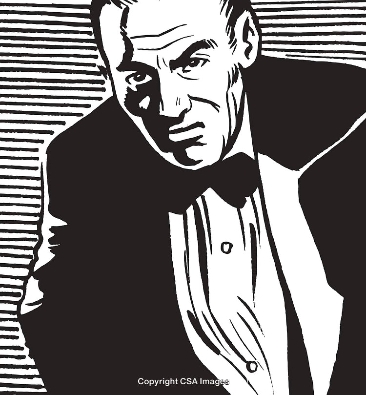Monochrome Illustration of a Man in Formal Attire with a Serious Expression