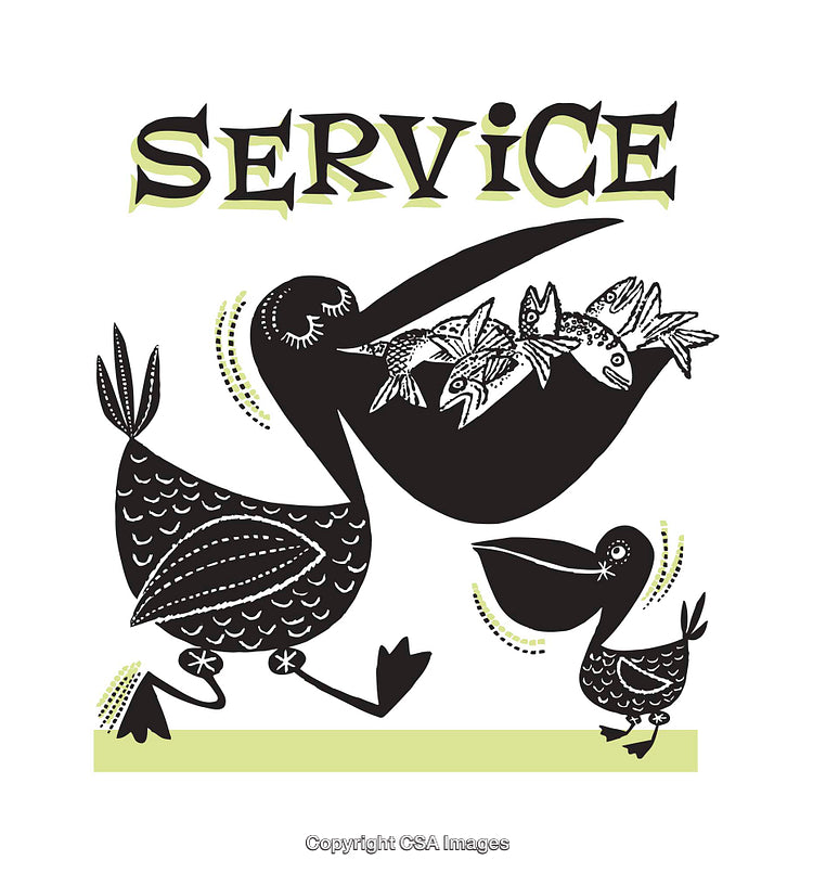 Illustrated Pelican Serving Fish to Chick with Creative Typography