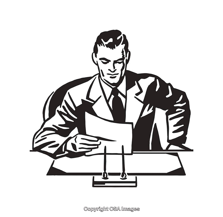 Retro Black and White Illustration of a Man Reading a Document
