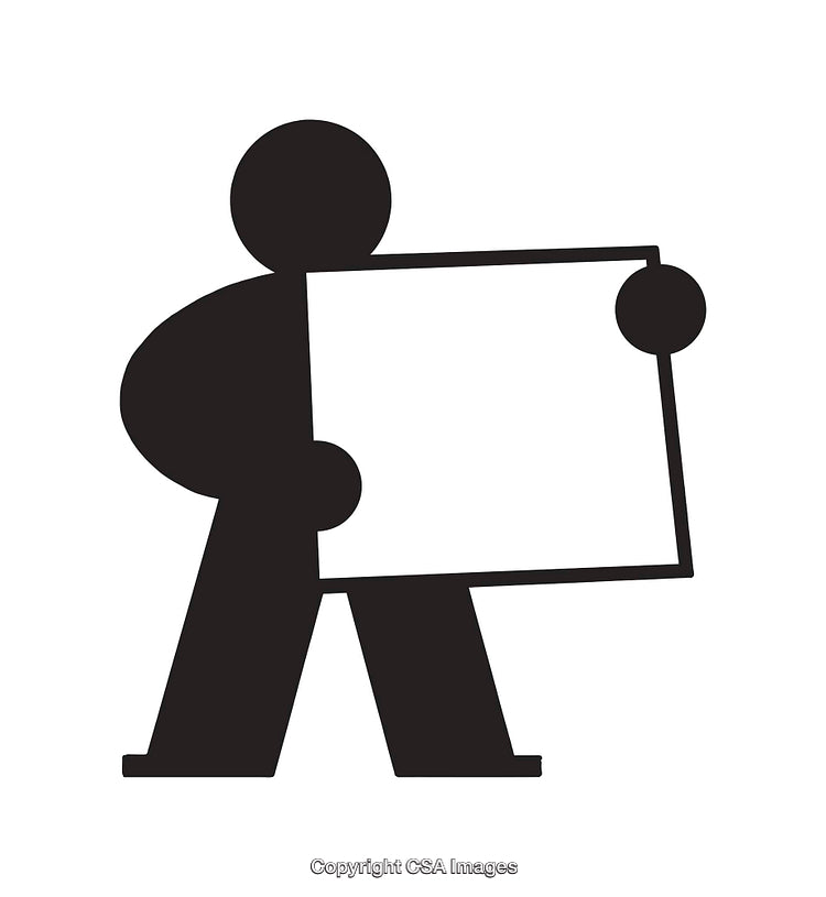 Abstract Black And White Icon with Stylized Figure Holding a Rectangle