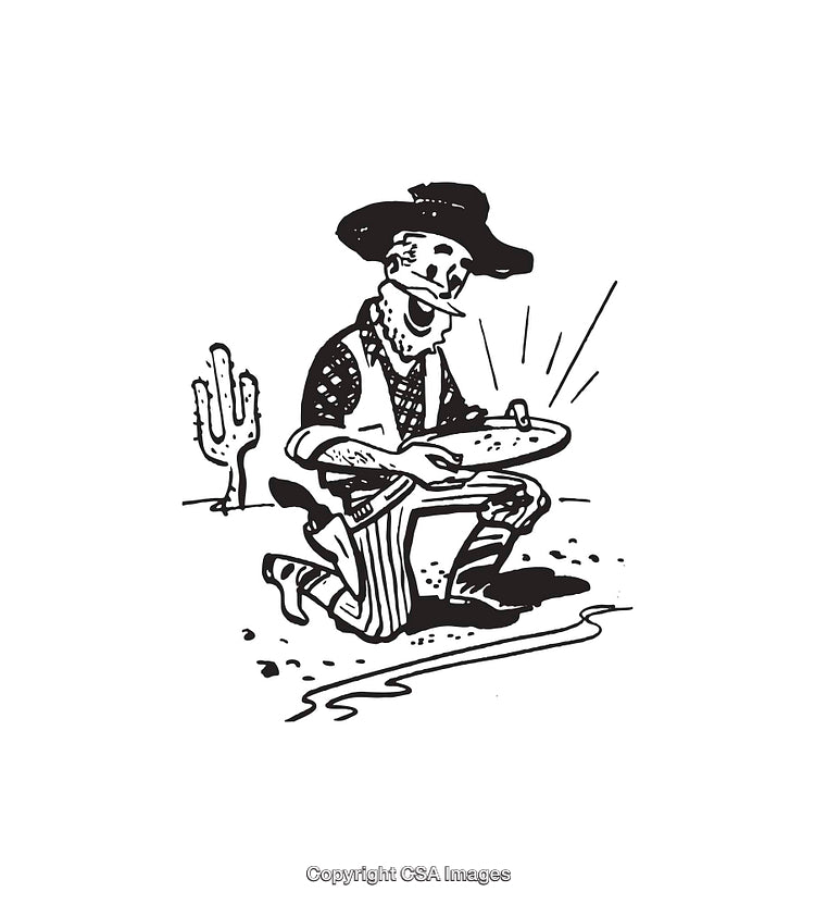 Black and White Illustration of a Gold Prospector Panning