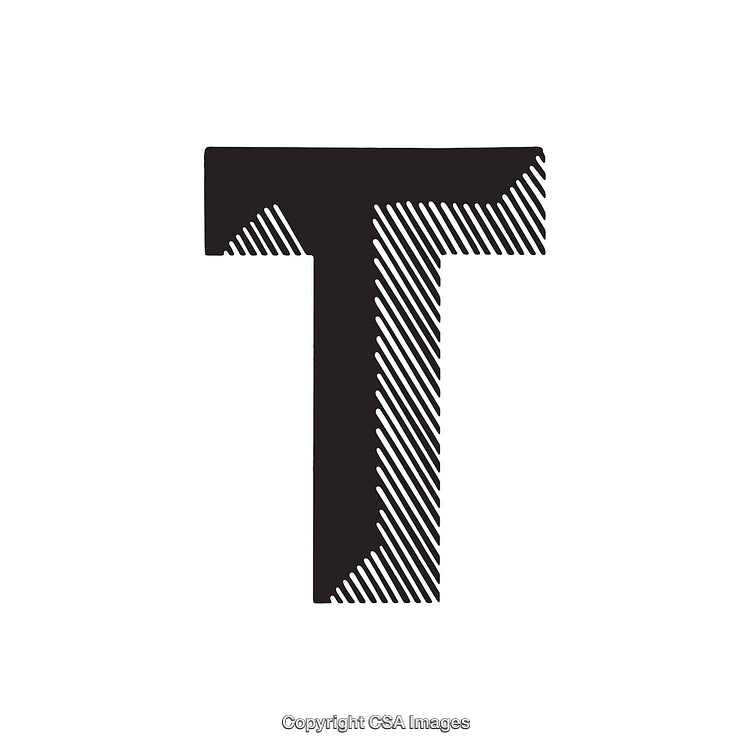 Bold Black Letter T With Diagonal Stripes on White Background