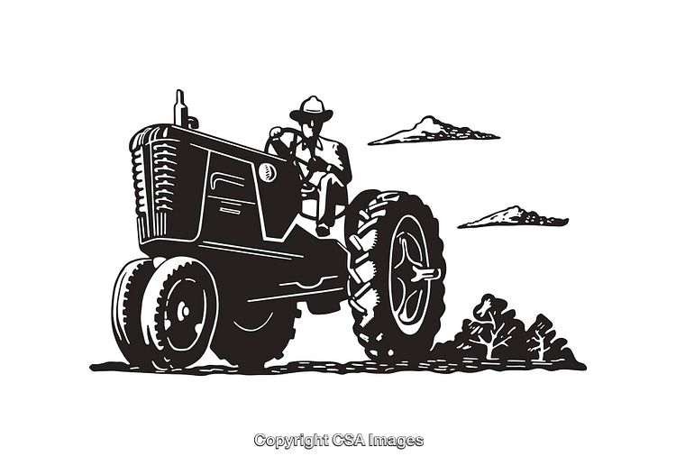 Black and White Illustration of Farmer on a Tractor in the Field