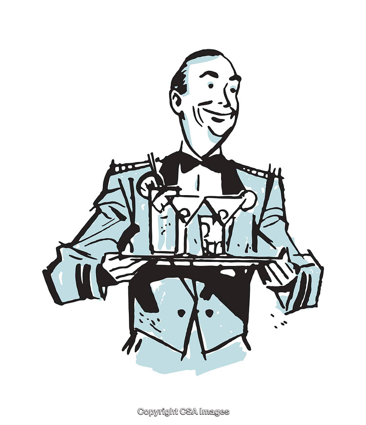 Vintage Styled Illustration of a Waiter Holding a Tray with Cocktails