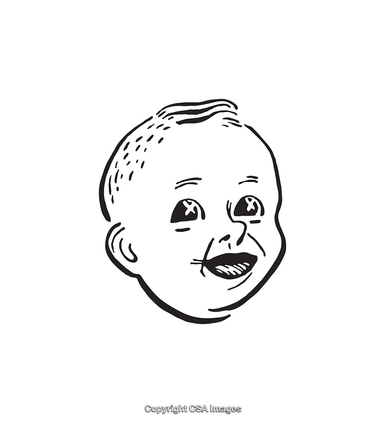 Black and White Line Art Illustration of a Smiling Baby Face