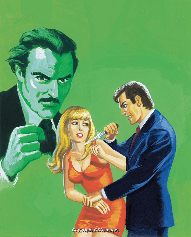Vintage Art Illustration with Suspense and Intensity in Dramatic Retro Scene