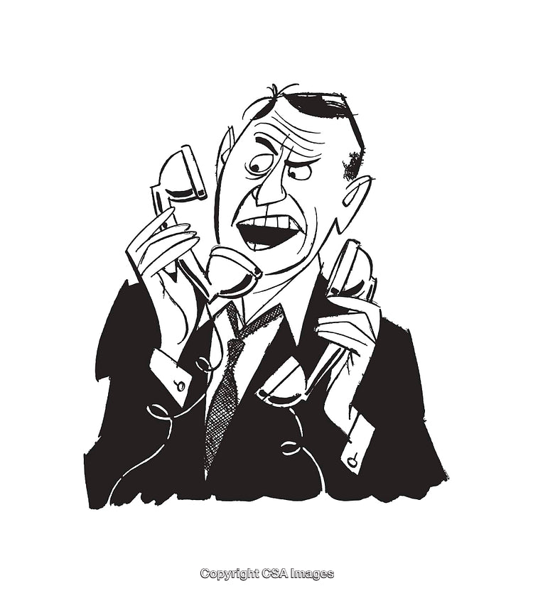 Businessman Stressfully Managing Multiple Phone Calls in Black and White Line Art