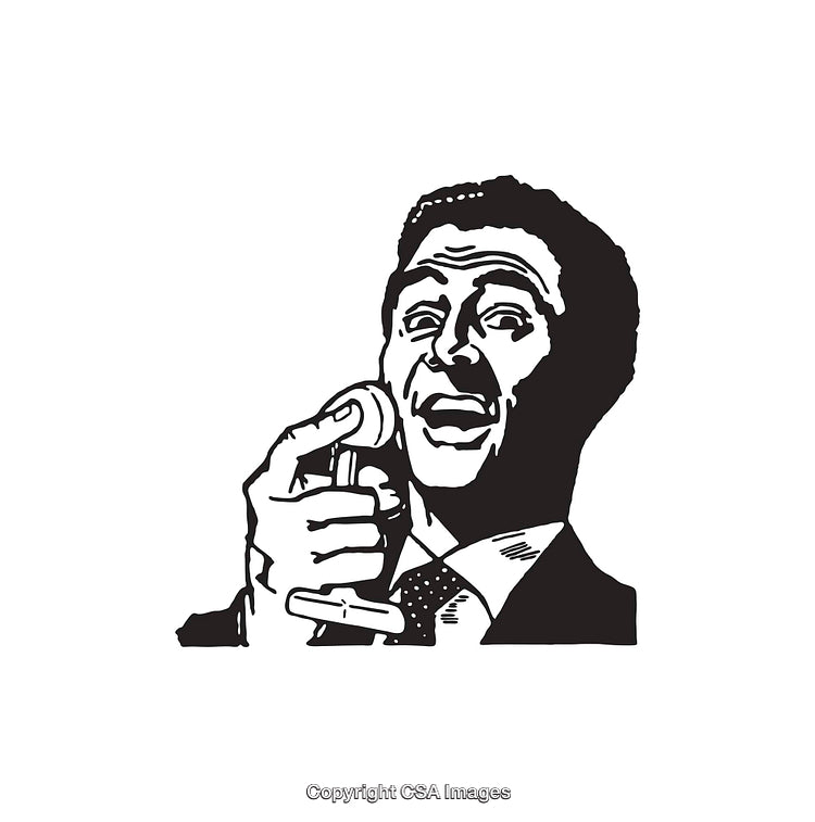 Black and White Illustration of Man Singing into Microphone
