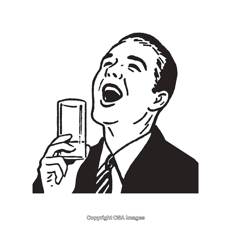 Vintage Line Art Illustration of a Cheerful Businessman Holding a Glass