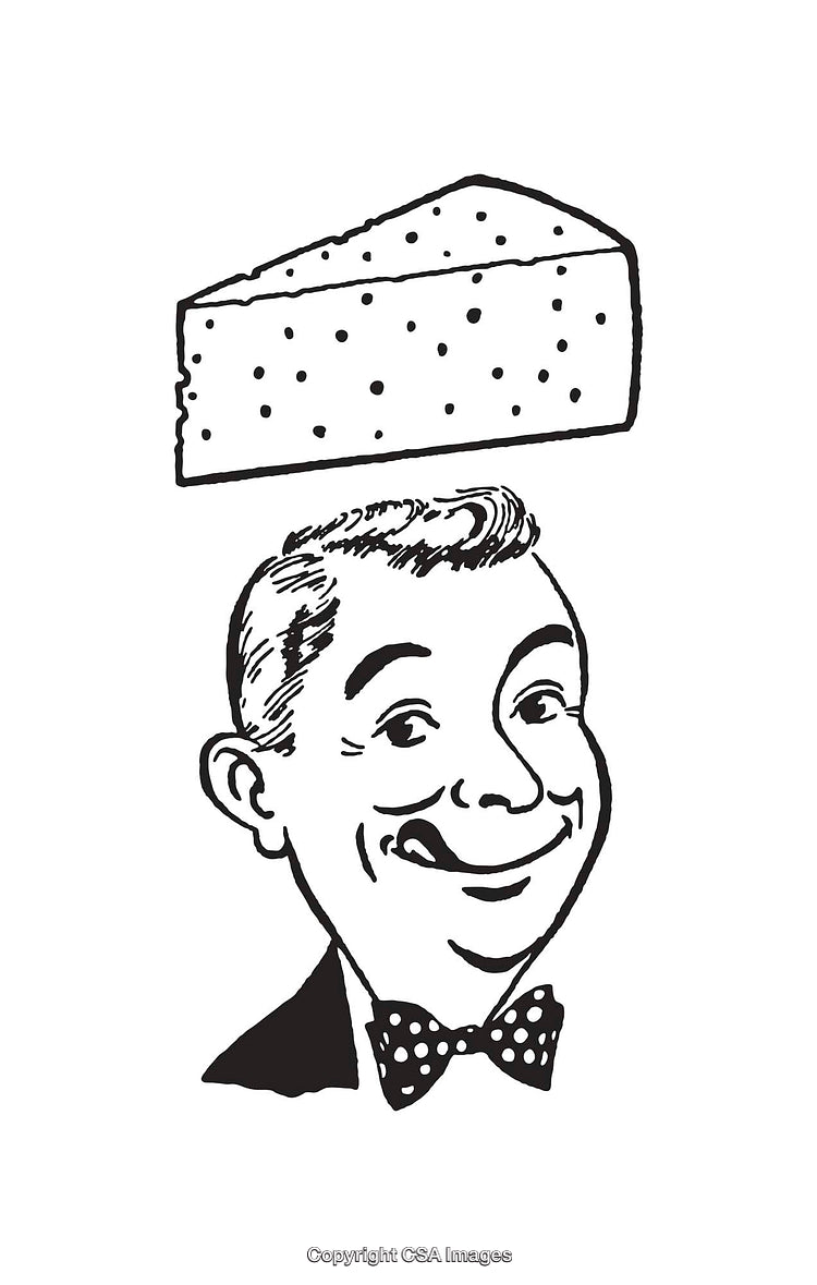 Retro Styled Illustration of a Man With a Slice of Cheese Above