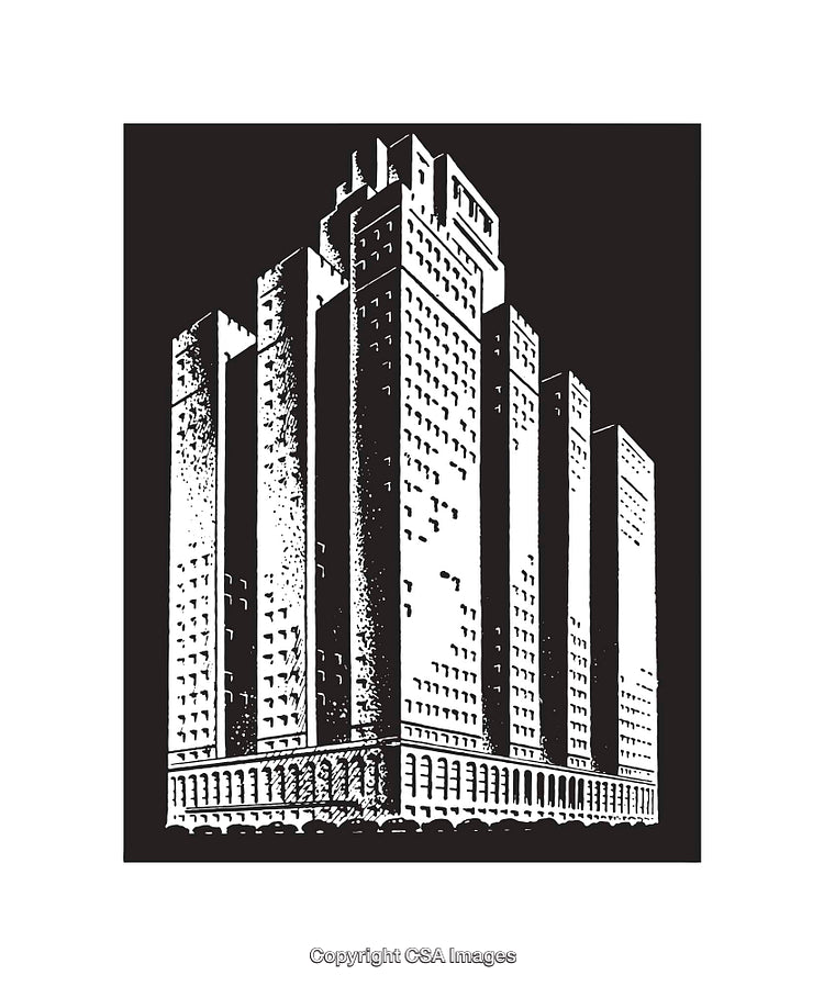 Detailed Black and White Illustration of a High-Rise Building