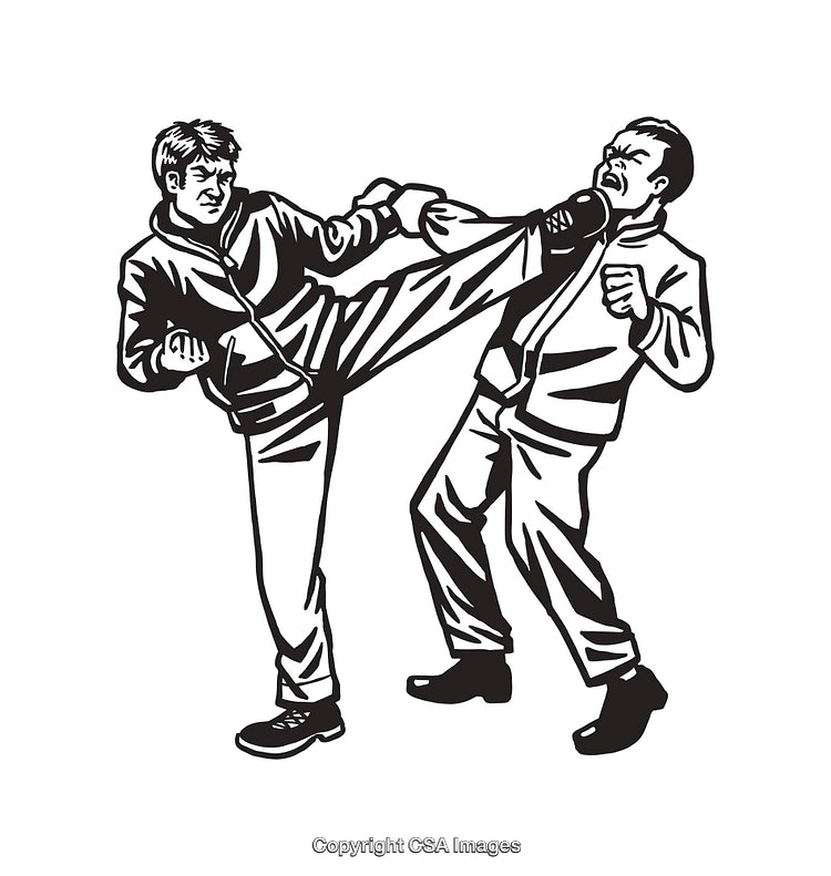 Black and White Line Art of Two Men Fighting in Martial Arts