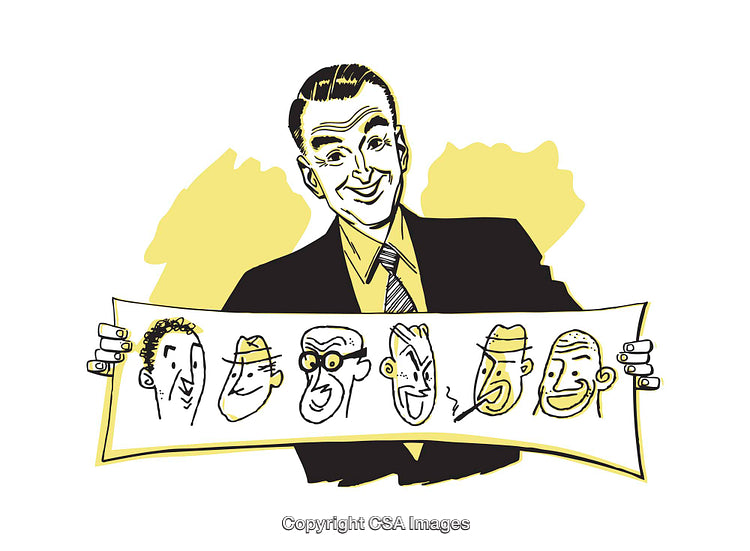 Illustration of Cheerful Man Presenting Caricatures on White Background