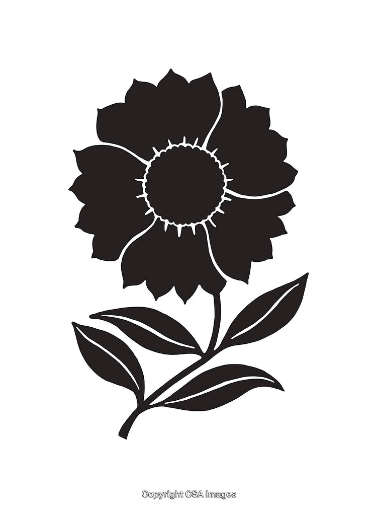 Black and White Floral Line Art with Detailed Petals and Leaves