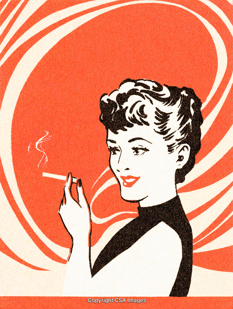 Vintage Illustration of Woman Holding Cigarette with Retro Design Elements