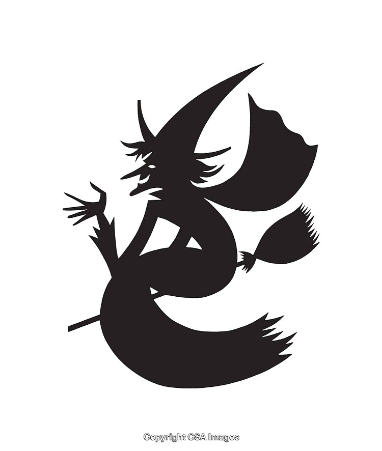 Black and White Silhouette of a Witch Riding a Broomstick on White Background