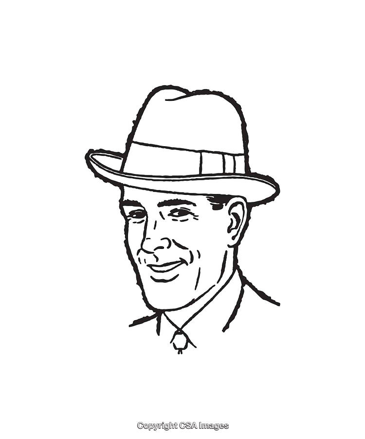 Vintage Line Art Illustration of Smiling Man Wearing Hat