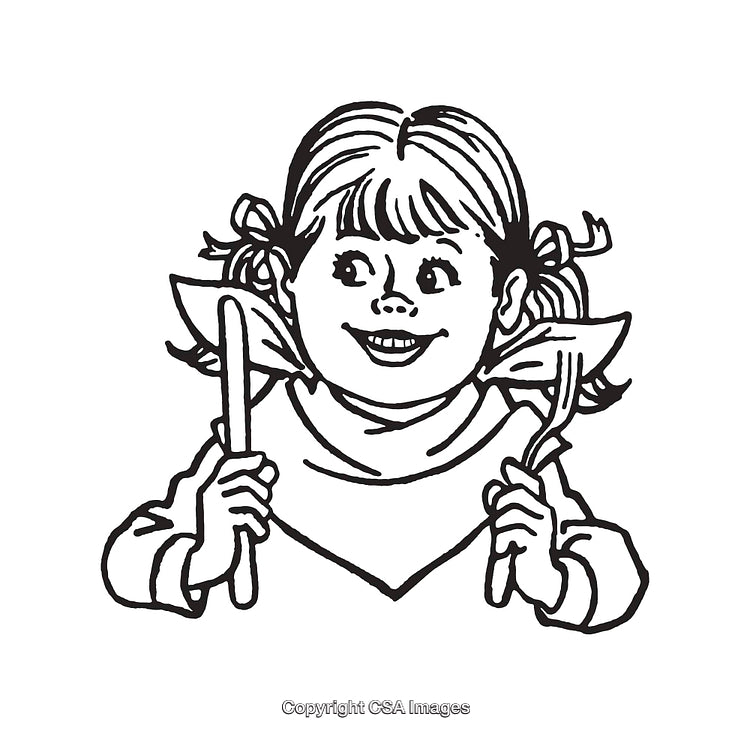 Black And White Illustration of a Smiling Girl Holding Fork and Knife