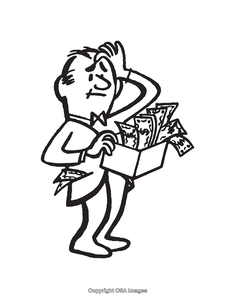 Black and White Line Art of Businessman with Box of Money