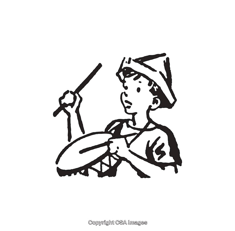 Black and White Line Art Illustration of a Child Playing a Drum