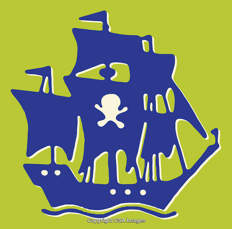 Bold Blue Pirate Ship Design on Vibrant Green Background