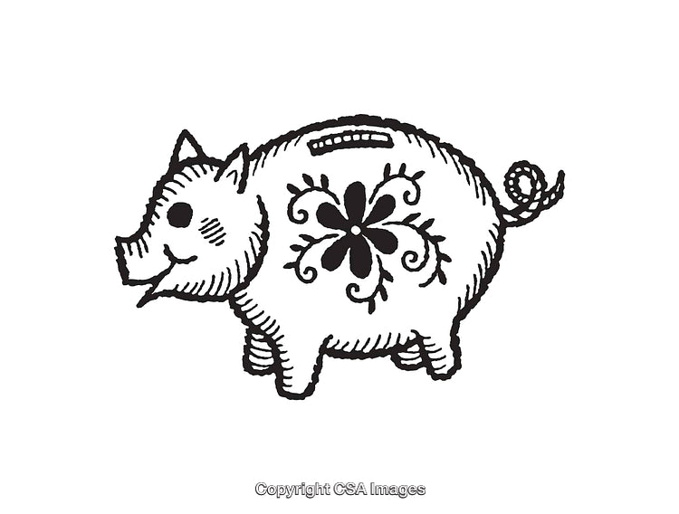 Hand-Drawn Vintage Piggy Bank Illustration with Floral Accent