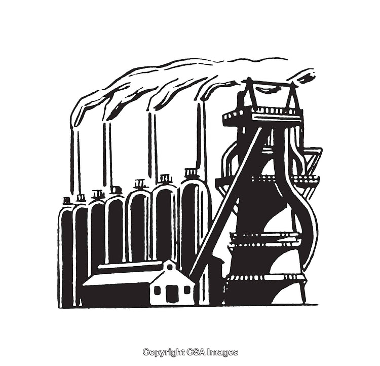 Black and White Vintage Industrial Factory Line Art Illustration
