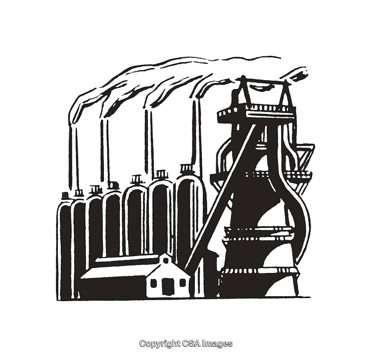 Black and White Vintage Industrial Factory Line Art Illustration