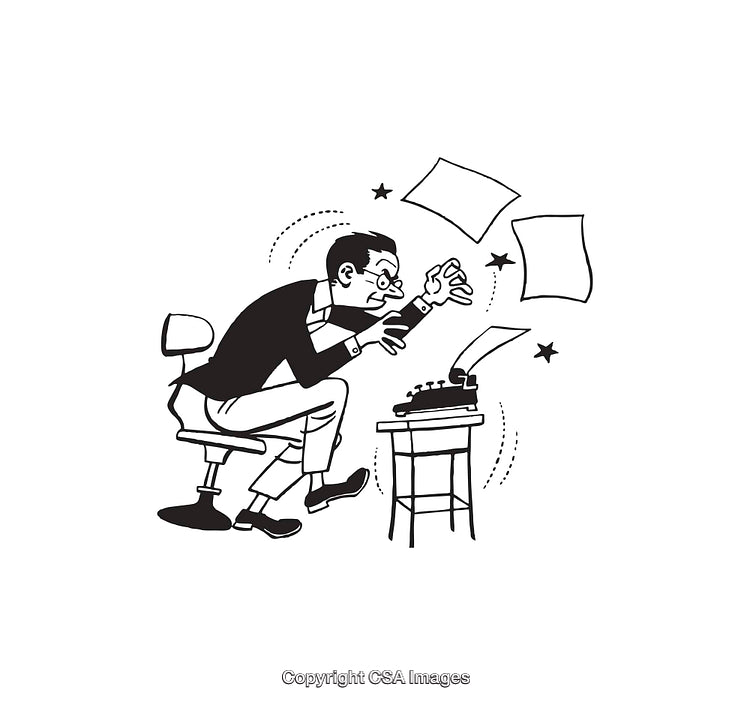 Black and White Line Art of a Writer Struggling at a Typewriter
