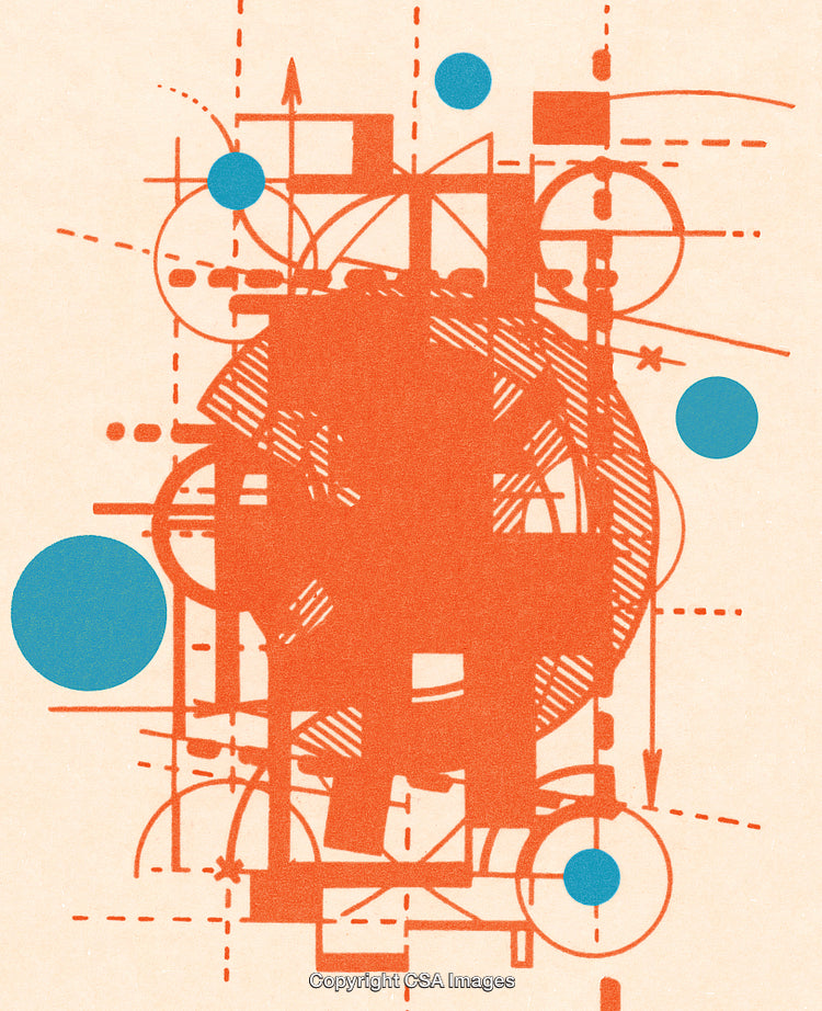 Abstract Geometric Design with Circles and Lines in Orange and Blue Colors