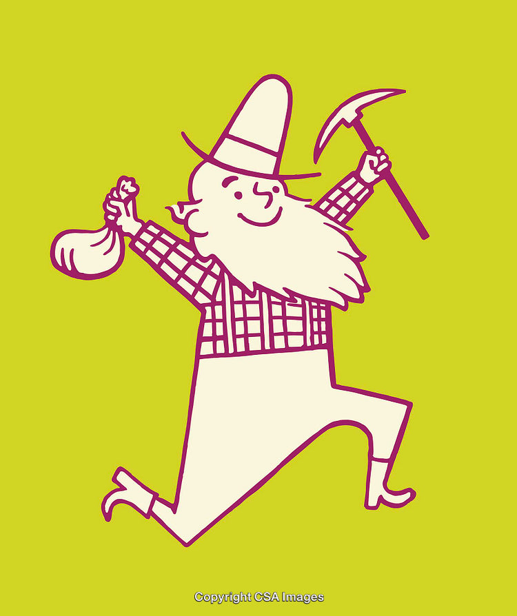 Cheerful Gold Prospector Cartoon with Pickaxe and Bag, Line Art Illustration