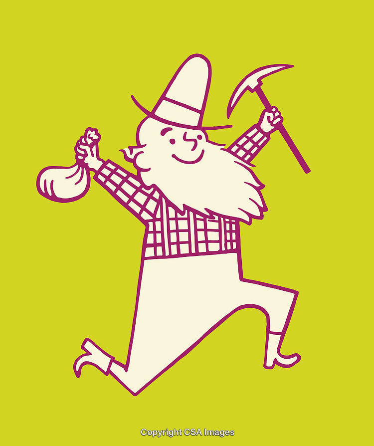 Cheerful Gold Prospector Cartoon with Pickaxe and Bag, Line Art Illustration
