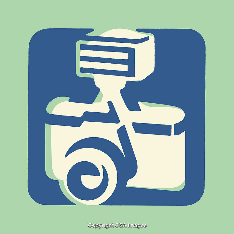 Minimalist Illustration of a Retro Camera Icon in Blue and Green Colors