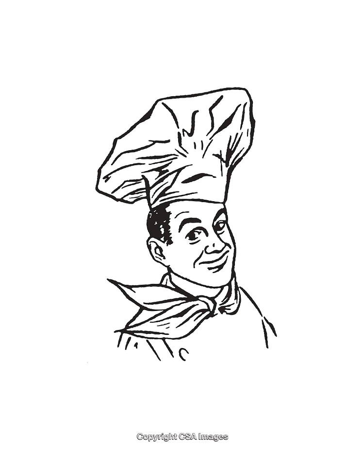 Black and White Line Art of a Chef Wearing a Hat and Scarf