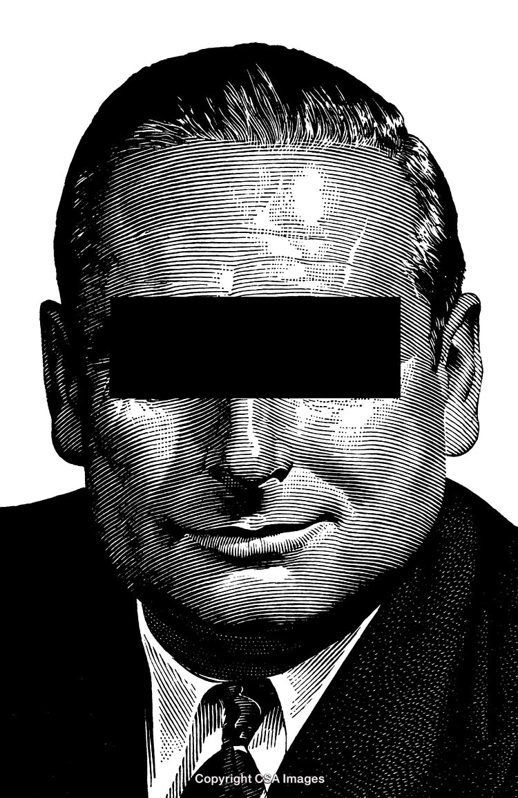 Black And White Engraving of Man in Suit With Covered Eyes