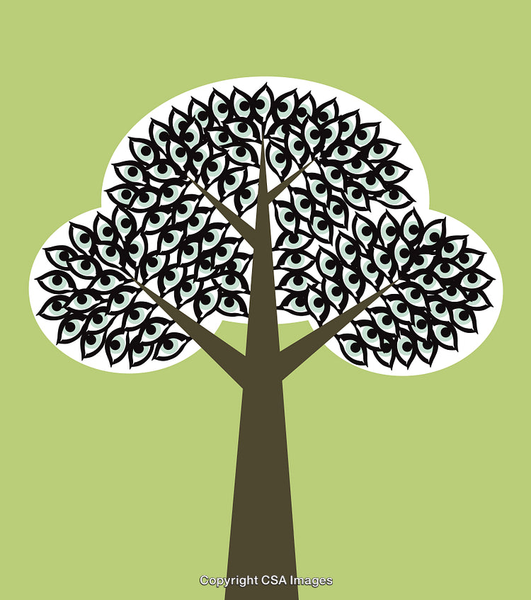 Conceptual Tree Illustration With Eye-Shaped Leaves and Green Background