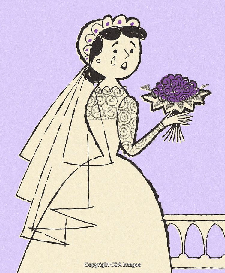 Bride Showing Mixed Emotions Holding Bouquet in a Quirky Cartoon Illustration