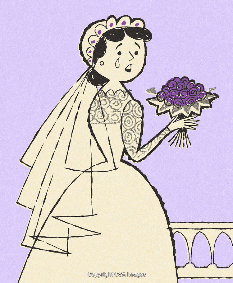 Bride Showing Mixed Emotions Holding Bouquet in a Quirky Cartoon Illustration