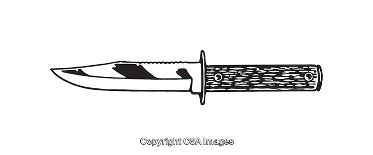 Black and White Line Drawing of a Camping Knife With Detailed Handle