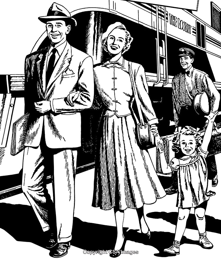 Retro Family Boarding a Train in a Black and White Illustration