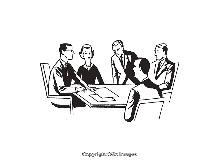 Business Meeting in Vintage Black and White Line Art Illustration