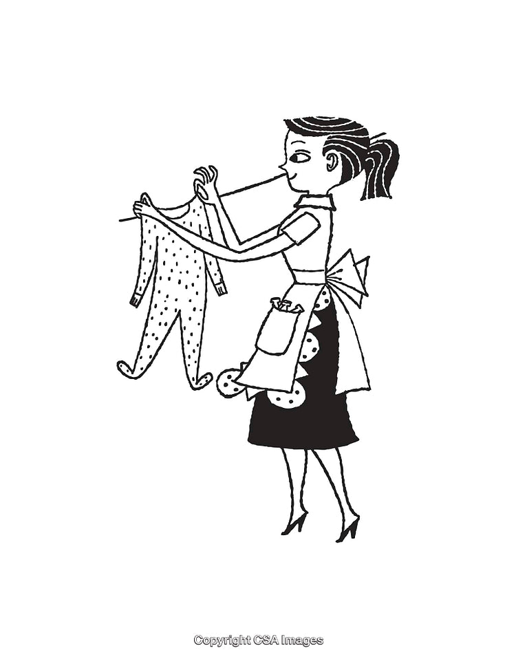 Black and White Illustration of Woman Hanging Clothes on a Line