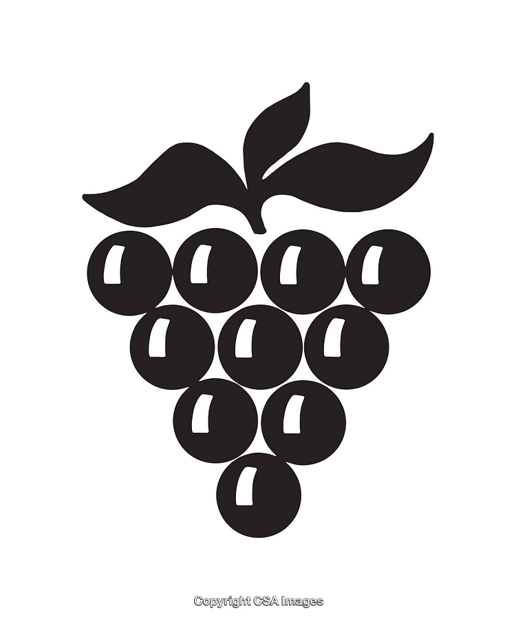 Black and White Grape Icon with Leaves on White Background