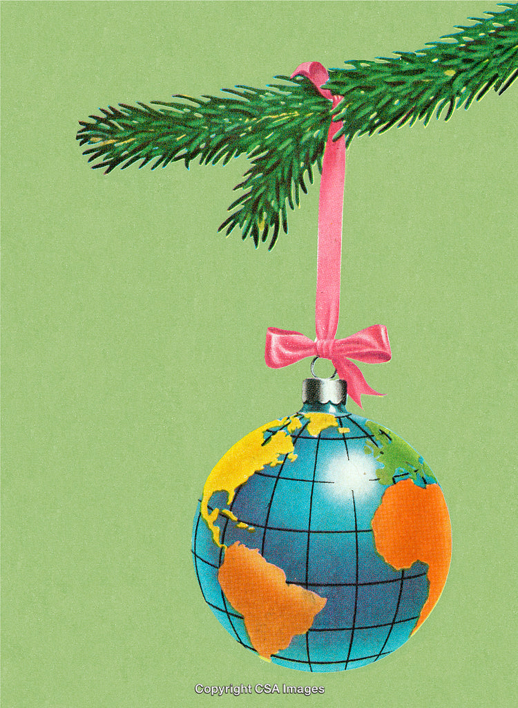 Earth Ornament Hanging From Tree Branch With Ribbon on Green Background