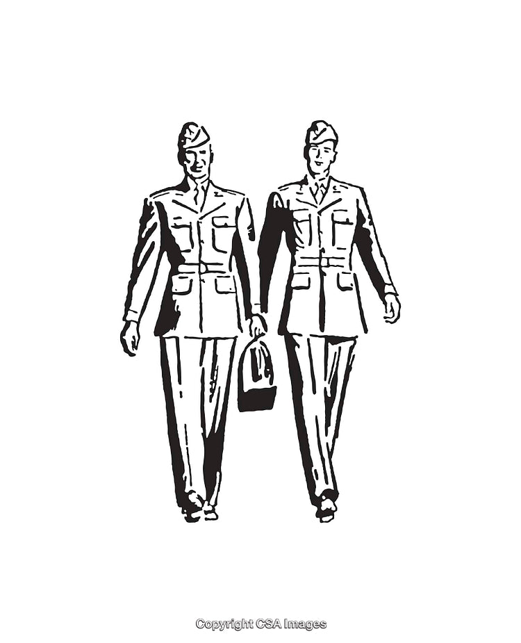 Illustration of Two Soldiers Walking in Uniform Carrying a Bag