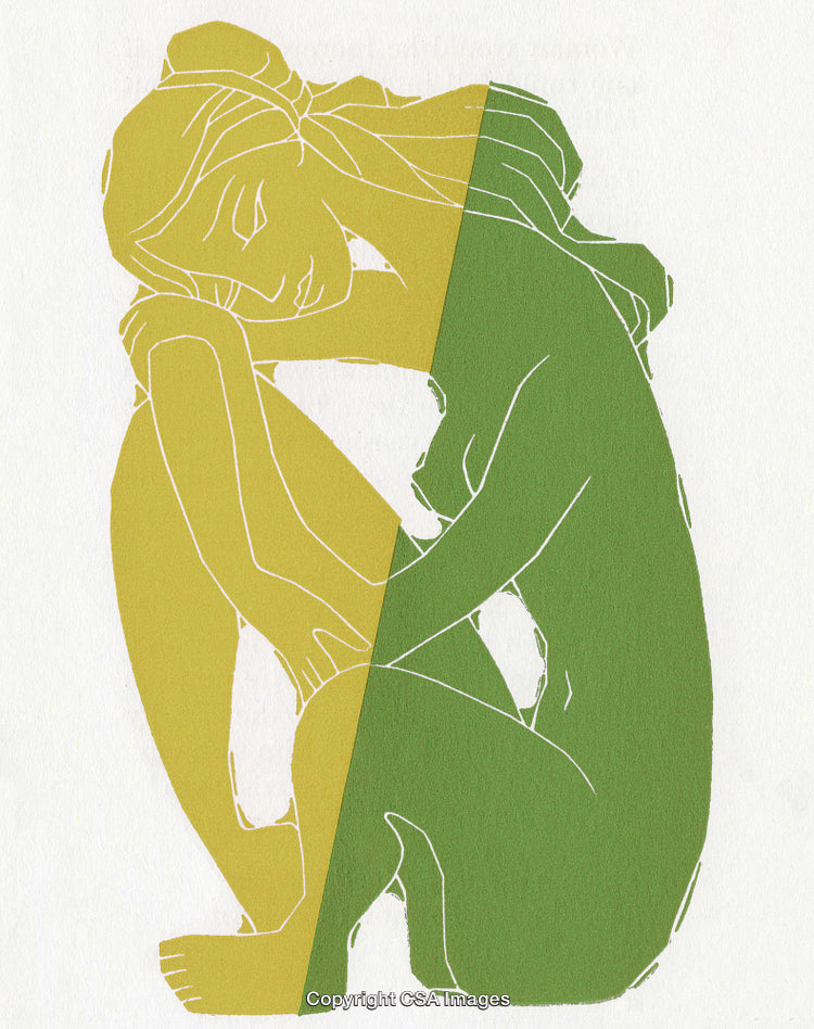 Artistic Illustration Depicting a Sitting Woman in Vibrant Yellow and Green Tones