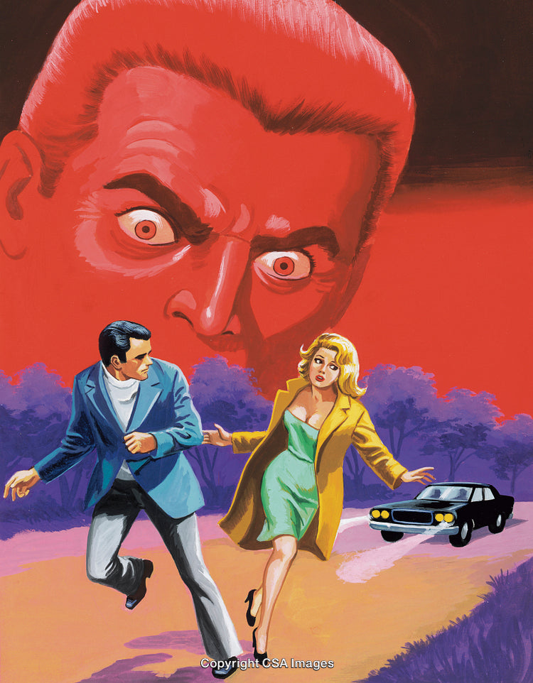 Dramatic Pursuit Scene with Overarching Red Face in Background