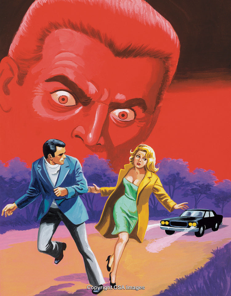 Dramatic Pursuit Scene with Overarching Red Face in Background