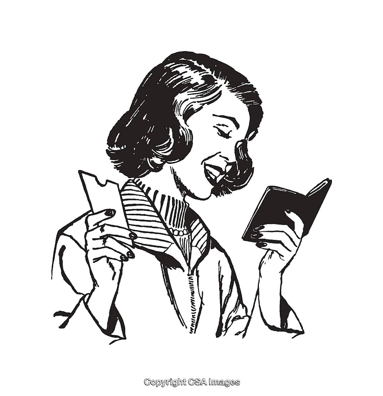 Retro Illustration of a Woman Holding Items and Reading a Book